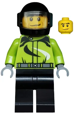 Monster Truck Driver, Racing Suit with Black and White Swirls, Black Helmet with Trans-Brown Visor, Crooked Smile