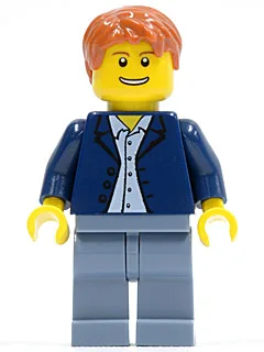Dark Blue Jacket, Light Blue Shirt, Sand Blue Legs, Dark Orange Short Tousled Hair