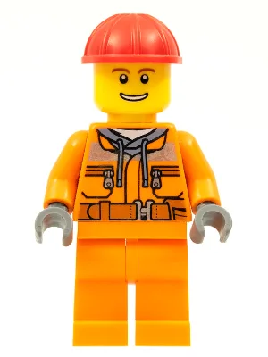 Construction Worker - Male, Orange Safety Jacket, Reflective Stripe, Sand Blue Hoodie, Orange Legs, Red Construction Helmet, Thin Grin with Teeth