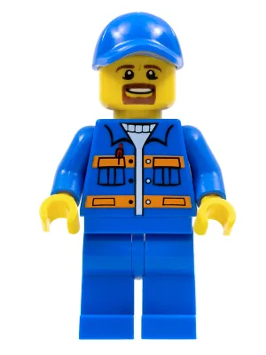 Blue Jacket with Pockets and Orange Stripes, Blue Legs, Blue Cap with Hole, Brown Moustache and Goatee