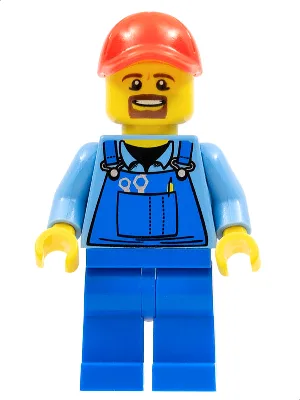 Overalls with Tools in Pocket Blue, Red Cap with Hole, Brown Moustache and Goatee