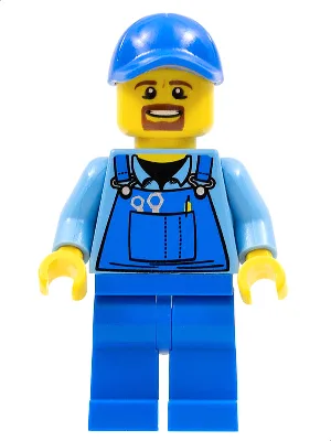 Overalls with Tools in Pocket Blue, Blue Cap with Hole, Brown Moustache and Goatee