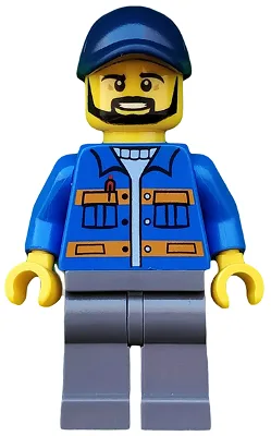 Blue Jacket with Pockets and Orange Stripes, Dark Bluish Gray Legs, Dark Blue Cap with Hole, Black Beard