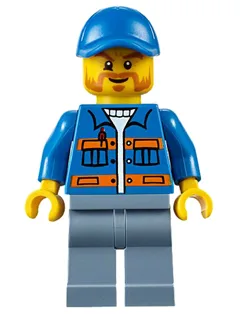 Blue Jacket with Pockets and Orange Stripes, Sand Blue Legs, Blue Short Bill Cap, Beard