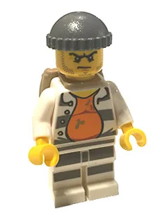 Police - Jail Prisoner 18675, Open Shirt, Striped Legs, Gray Knit Cap, Backpack
