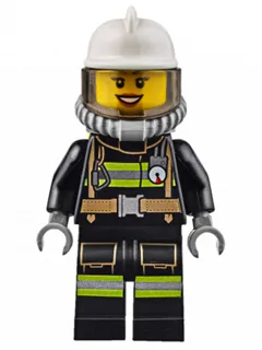 Fire - Reflective Stripes with Utility Belt, White Fire Helmet, Breathing Neck Gear with Air Tanks, Trans-Brown Visor, Dark Orange Lips Open Mouth Smile
