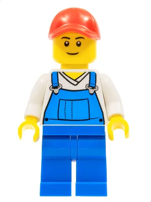 Overalls Blue over V-Neck Shirt, Blue Legs, Red Cap with Hole