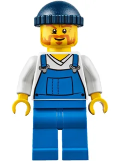 Fire Lighthouse Keeper - Overalls Blue over V-Neck Shirt, Blue Legs, Dark Blue Knit Cap