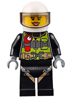 Fire - Reflective Stripes with Utility Belt and Flashlight, White Helmet, Trans-Brown Visor, Dark Orange Lips Open Mouth Smile