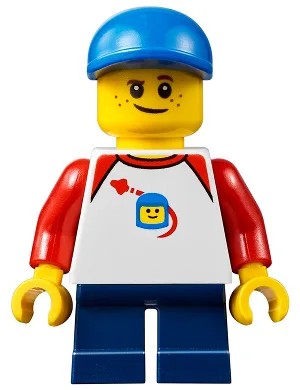 Boy, Freckles, Classic Space Shirt with Red Sleeves, Dark Blue Short Legs