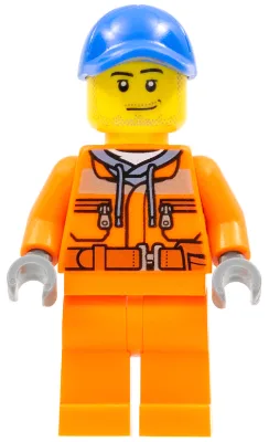 Tow Truck Driver - Male, Orange Safety Jacket, Reflective Stripe, Sand Blue Hoodie, Orange Legs, Blue Cap with Hole, Stubble