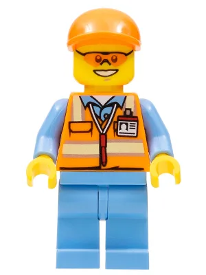 Orange Safety Vest with Reflective Stripes, Medium Blue Legs, Orange Short Bill Cap, Orange Sunglasses