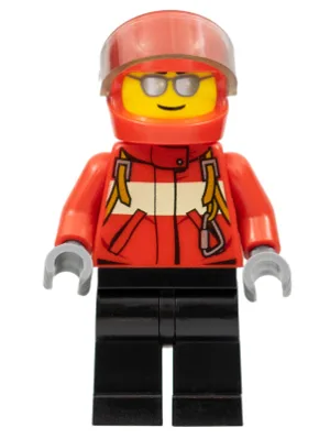 City Pilot Male, Red Fire Suit with Carabiner, Black Legs, Red Helmet, Silver Sunglasses