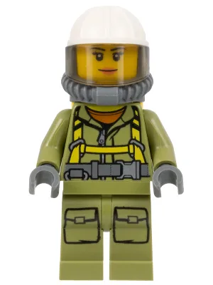Volcano Explorer - Female Worker, Suit with Harness, Construction Helmet, Breathing Neck Gear with Air Tanks, Trans-Brown Visor
