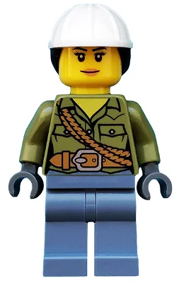 Volcano Explorer - Female, Shirt with Belt and Shoulder Ropes, White Construction Helmet with Dark Brown Ponytail Hair