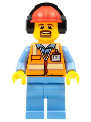Orange Safety Vest with Reflective Stripes, Medium Blue Legs, Red Construction Helmet with Black Ear Protectors / Headphones
