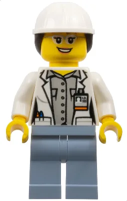 Volcano Explorer - Female Scientist, White Construction Helmet with Dark Brown Ponytail Hair