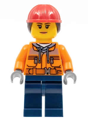 Construction Worker - Female, Orange Safety Jacket, Reflective Stripe, Sand Blue Hoodie, Dark Blue Legs, Red Construction Helmet with Dark Brown Ponytail Hair, Nougat Lips