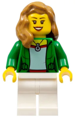 Airplane Passenger - Female, Green Jacket Open with Necklace, White Legs, Medium Nougat Hair over Shoulder, Open Mouth Smile with Teeth