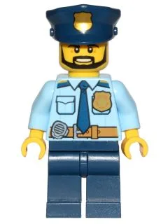 Police - City Shirt with Dark Blue Tie and Gold Badge, Dark Tan Belt with Radio, Dark Blue Legs, Police Hat with Gold Badge, Head Beard Black Angular