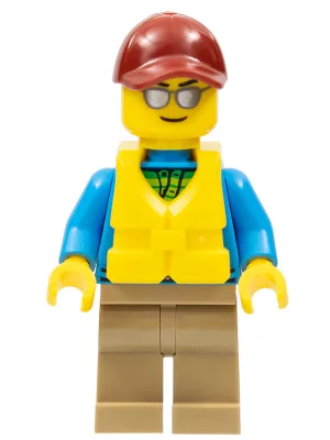 Angler Male, Dark Tan Legs, Dark Red Cap, Silver Sunglasses, Life Jacket Center Buckle