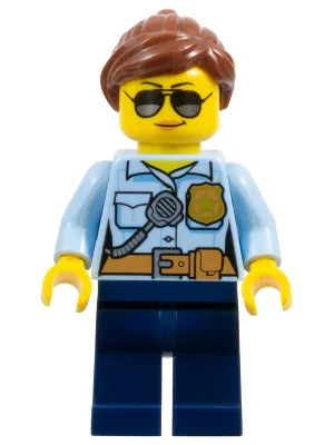 Police - City Officer Female, Bright Light Blue Shirt with Badge and Radio, Dark Blue Legs, Reddish Brown Ponytail and Swept Sideways Fringe