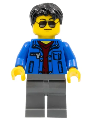 Blue Jacket over Dark Red V-Neck Sweater, Dark Bluish Gray Legs, Black Short Tousled Hair, Silver Sunglasses