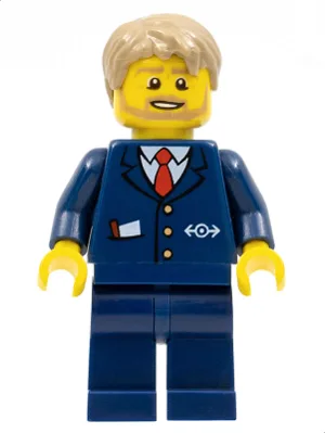 City Bus Driver - Dark Blue Suit with Train Logo, Dark Tan Short Tousled Hair, Beard