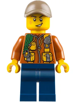 City Jungle Explorer - Dark Orange Jacket with Pouches, Dark Blue Legs, Dark Tan Cap with Hole, Scuff Mark