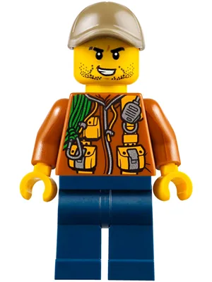 City Jungle Explorer - Dark Orange Jacket with Pouches, Dark Blue Legs, Dark Tan Cap with Hole, Stubble
