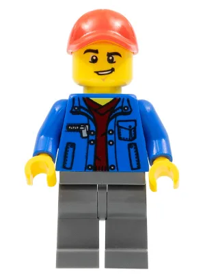 Truck Driver - Blue Jacket over Dark Red V-Neck Sweater, Dark Bluish Gray Legs, Red Cap with Hole, Lopsided Grin