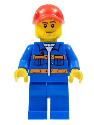 Blue Jacket with Pockets and Orange Stripes, Blue Legs, Red Cap with Hole