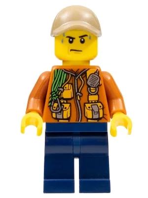 City Jungle Explorer - Dark Orange Jacket with Pouches, Dark Blue Legs, Dark Tan Cap with Hole, Sweat Drops