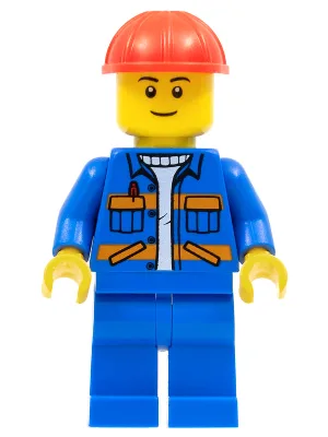 Blue Jacket with Diagonal Lower Pockets and Orange Stripes, Blue Legs, Red Construction Helmet