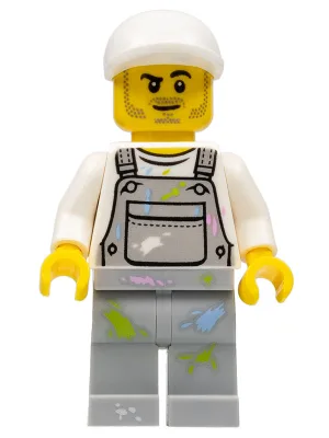 Painter - Male, Light Bluish Gray Overalls with Paint Splotches, White Cap, Stubble