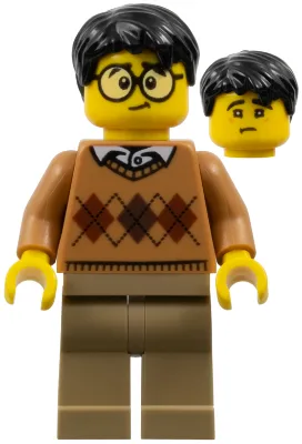 Medium Nougat Argyle Sweater, Dark Tan Legs, Black Hair, Large Round Glasses