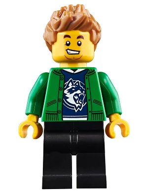 Hiker, Male, Green Jacket over Raccoon Shirt, Black Legs, Medium Nougat Spiked Hair