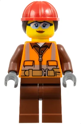 Construction Worker - Female, Orange Safety Vest, Reflective Stripes, Reddish Brown Shirt and Legs, Red Construction Helmet with Dark Brown Ponytail Hair, Safety Glasses