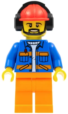 Airport Flagger - Male, Blue Jacket with Diagonal Lower Pockets and Orange Stripes, Orange Legs, Red Construction Helmet with Black Ear Protectors / Headphones