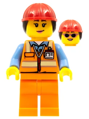 Airport Luggage Handler - Female, Orange Safety Vest with Reflective Stripes, Orange Legs, Red Construction Helmet with Dark Brown Ponytail Hair