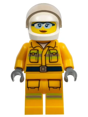 Fire - Reflective Stripes, Bright Light Orange Suit, White Helmet, Safety Glasses, Dark Orange Lips Closed Mouth Smile