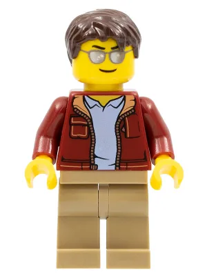Man, Dark Red Jacket with Bright Light Blue Shirt, Dark Tan Legs, Dark Brown Short Tousled Hair, Sunglasses (Truck Driver)