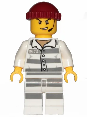 Sky Police - Jail Prisoner 86753 Prison Stripes, Scowl with Open Mouth and Headset, Dark Red Knit Cap