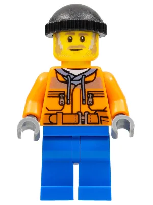 Snow Groomer Operator - Male, Orange Safety Jacket, Reflective Stripe, Sand Blue Hoodie, Blue Legs, Black Knit Cap, Moustache and Sideburns
