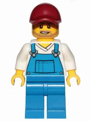 Gardener - Male, Blue Overalls over V-Neck Shirt, Blue Legs, Dark Red Cap, Beard