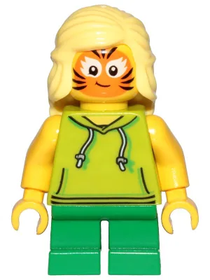 Girl, Lime Hoodie, Green Short Legs, Orange Cat Face Paint