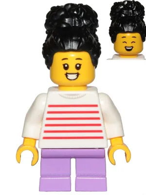 Child - Girl, White Sweater with Red Horizontal Stripes, Medium Lavender Short Legs, Black Coiled Hair with Bun