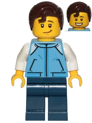 Teenage Boy, Medium Blue Jacket, Dark Blue Legs, Dark Brown Hair Swept Right with Front Curl