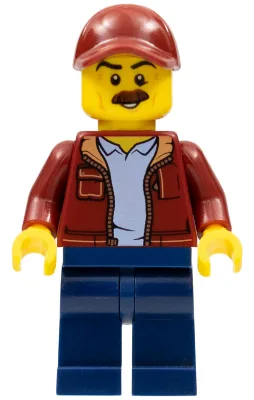 Man, Dark Red Jacket with Bright Light Blue Shirt, Dark Blue Legs, Dark Red Cap with Hole, Moustache (Taxi Driver)