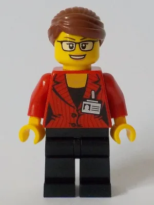Reporter - Female, Red Suit Jacket with ID Badge, Black Legs, Reddish Brown Hair Swept Back into Bun, Glasses
